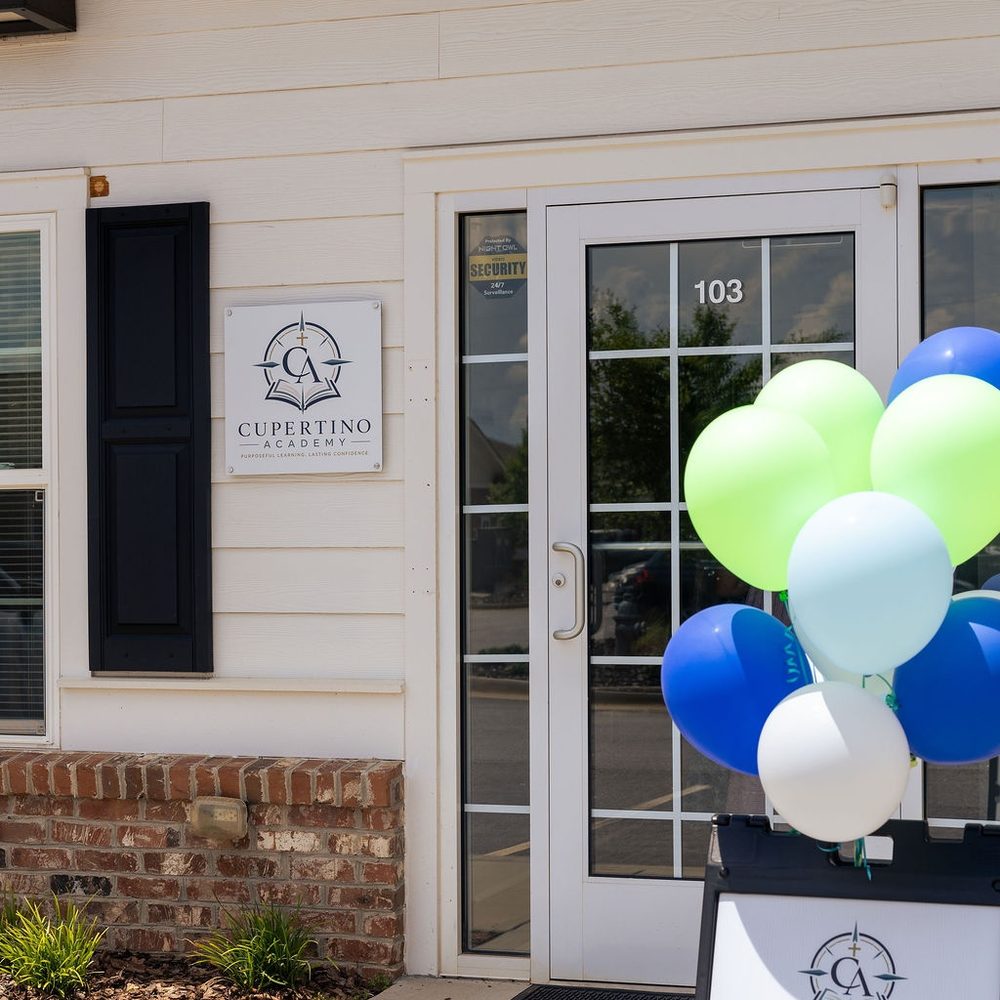 The front entrance of Cupertino Academy, decorated with balloons for the open house